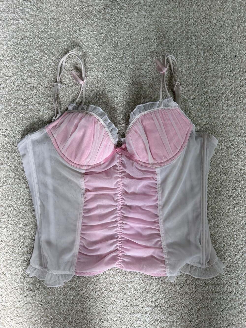 Native Intimates Pink and White Mesh Ruched Corset Bustier Top